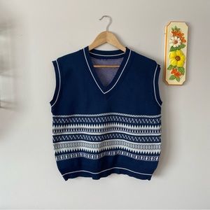 Vintage Navy Blue Patterned Sweater Vest V neck Fair Isle Pattern